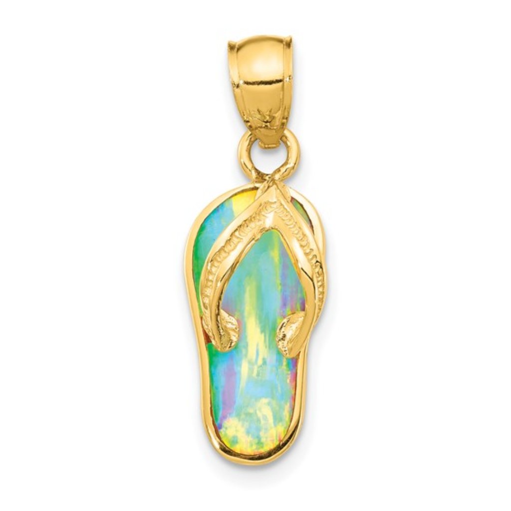 14k Yellow Gold Nautical 3d Created White Opal Flip Flop Necklace Charm Pendant